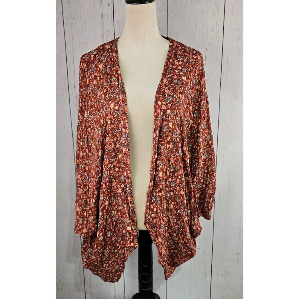 Torrid Women's Open Cardigan Sweater SZ 1/2 Front Kimono Sleeve Boho Rust Floral